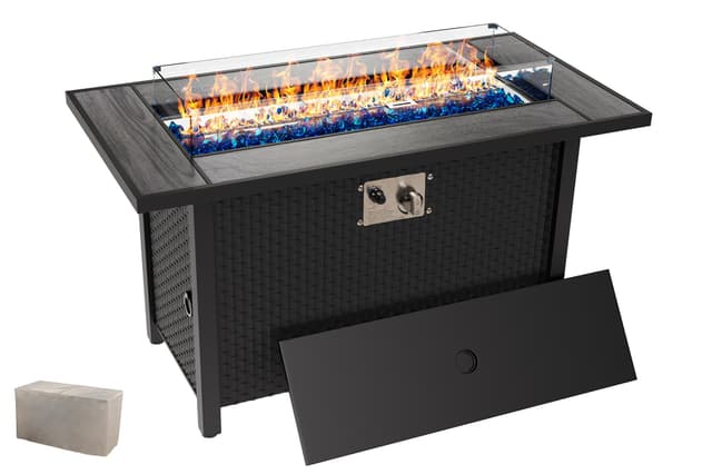 45″ Outdoor Propane Fire Pit Table – 50000 BTU Rectangular Patio Fire Table with Glass Wind Guard, Cover & Fire Glass – Modern Gray Steel Outdoor Heater for Backyard, Deck & Balcony
