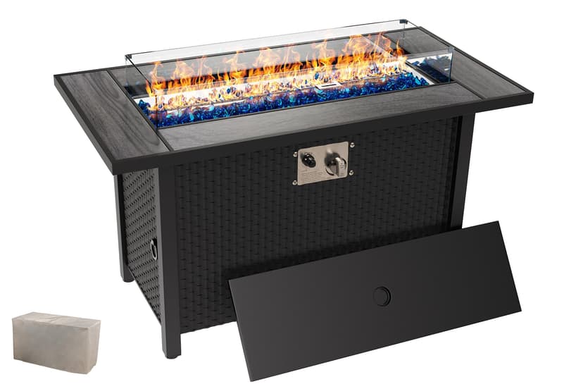 45″ Outdoor Propane Fire Pit Table – 50000 BTU Rectangular Patio Fire Table with Glass Wind Guard, Cover & Fire Glass – Modern Gray Steel Outdoor Heater for Backyard, Deck & Balcony