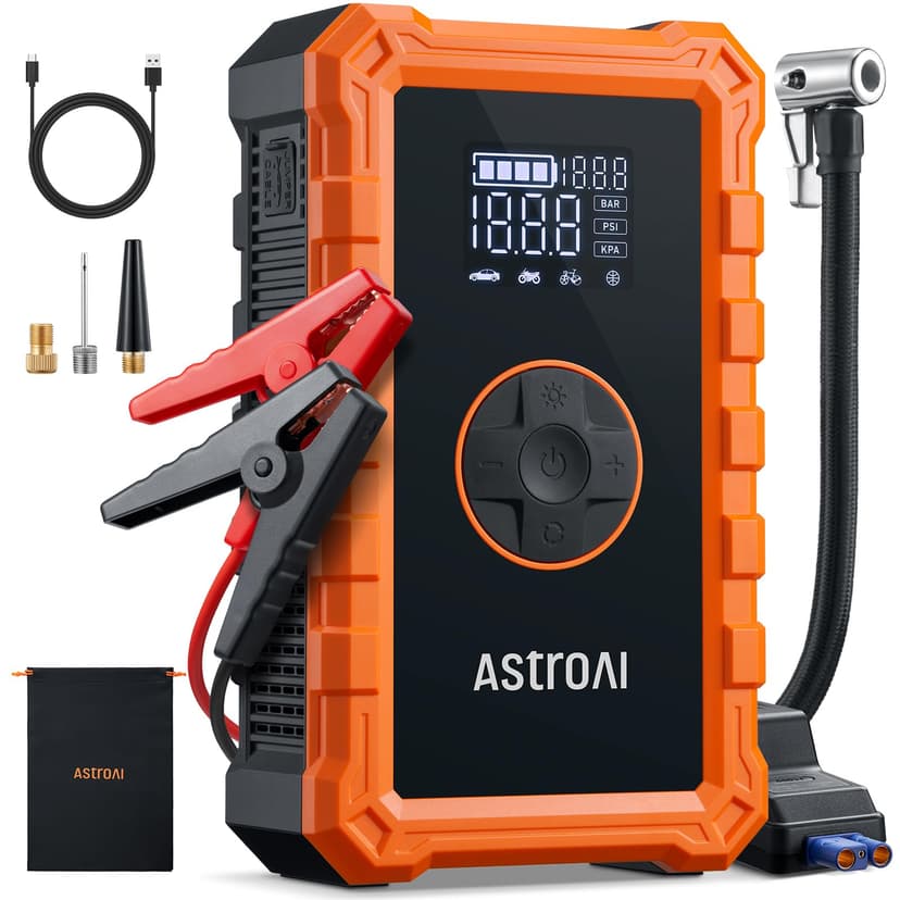 AstroAI S8 Air Jump Starter with Air Compressor, 3000A Peak Car Battery Jump Starter Portable (9.0 Gas/6.5L Diesel) with 150PSI Cordless Auto-Shutoff Tire Inflator, 12V Battery Charger Booster(Orange)