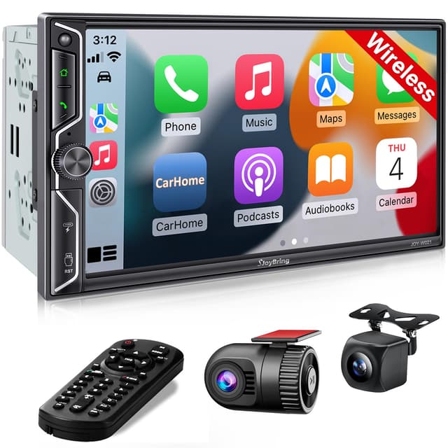 SJoyBring [QLED Screen Upgrade] 7" Double Din Car Stereo with Dash Cam, Wireless Apple CarPlay and Android Auto, Bluetooth, 240W 4.2-Channel Audio Output, MirrorLink, Backup Camera, AM/FM Car Radio