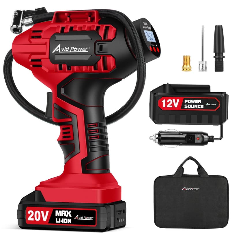 AVID POWER Tire Inflator Portable Air Compressor, 20V Cordless Car Tire Pump, Rechargeable Battery Powered Air Compressor w/12V DC Adapter, Digital Pressure Gauge