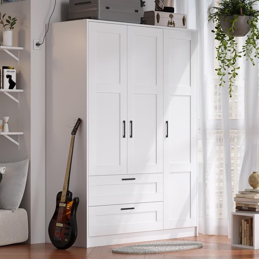 3 Doors Wooden Wardrobe Closet Armoire, White Storage Cabinet for Hanging Clothes, Bedroom Large Capacity Freestanding Armoire,Wood Wardrobe Combination with Shelves (2drawer, White)