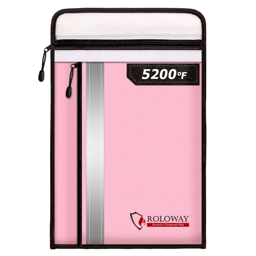 ROLOWAY Fireproof Document Bag (15.5 x 11.5 inch) with 2 Pockets and 5200℉ Aluminum Foil Layer, Fireproof Bag for Document Safe Fireproof Document Bag, Fireproof Money Bag (Pink)
