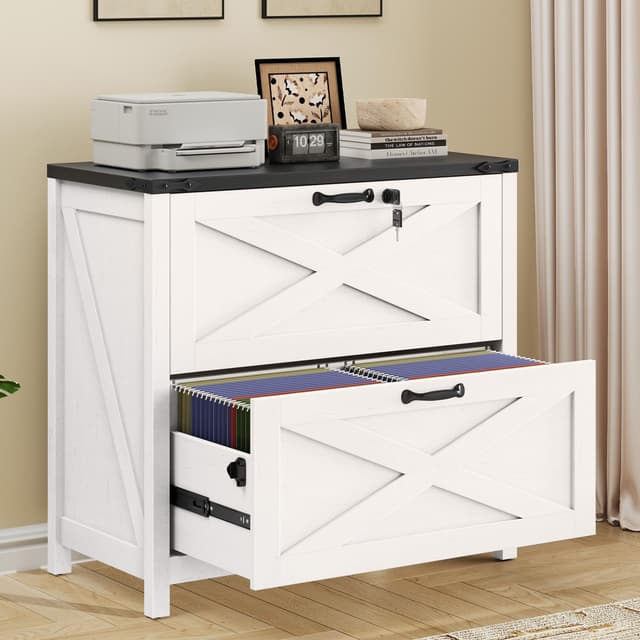 Lateral File Cabinet with 2 Large Drawers, Farmhouse File Cabinet with Lock for Letter/Legal/A4 Size Hanging Files, Wood File Storage Cabinets Printer Stand for Home Office Cabinets, White and Black