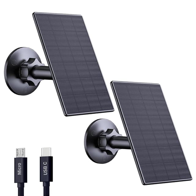 Zivif 2W Solar Panel for Security Cameras, Solar Charger with Micro USB & USB-C Port for Rechargeable Battery Security Camera, 360° Adjustable Mount, Black (2 Pack)