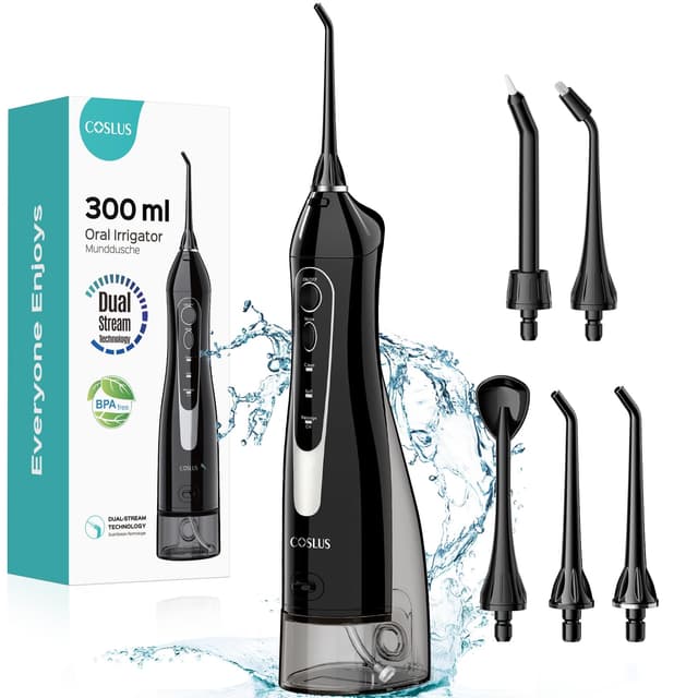 COSLUS Water Dental Flosser Teeth Pick C20(F5020E): Portable Cordless Oral Irrigator 300ML Rechargeable Travel Irrigation Cleaner IPX7 Waterproof Electric Flossing Machine for Teeth Cleaning