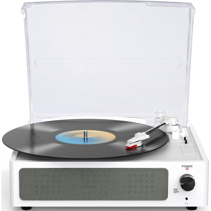WOCKODER Vinyl Record Player with Speakers Turntable Belt-Driven Turn Table Support 3-Speed 3 Size BT Wireless Playback Headphone AUX-in RCA Line LP Phonographs Audio for Beginner Classic Pure White