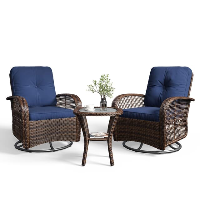 Aoxun 3 Pieces Patio Furniture Set, Patio Swivel Rocker Chairs Set of 2, Wicker Outdoor Bistro Set with Rocking Chair, Thickened Cushions and Table for Porch (Blue)