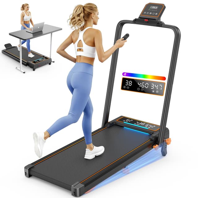 Walking Pad Treadmill with 15% Incline & Dual LED Display, 4 in 1 Walking Pad with Handle Bar, 3.5HP Foldable Treadmill with Incline, Treadmills for Home 350LBS, 4 Adjustable Incline, RGB Light