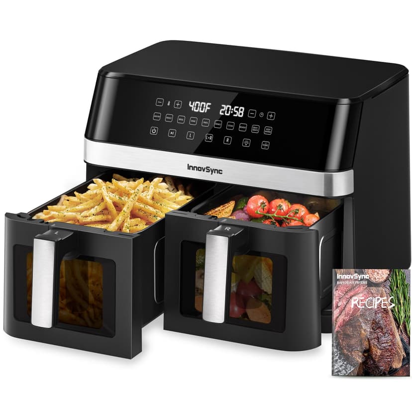 12QT Large Dual Air Fryer, 10-in-1 Double Zone Airfryer with 2×6QT Baskets, 60° Easy-Panel with Full Touchscreen, SyncCook Function, Viewing Window, 2 Dishes at Once, Black