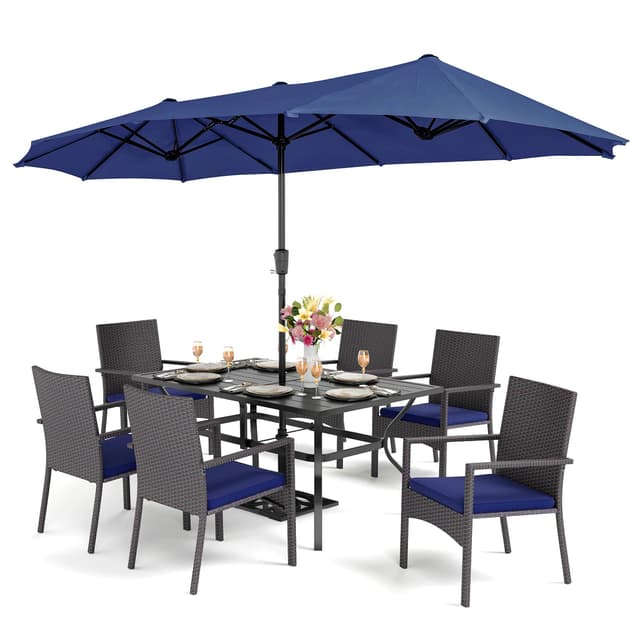 PHI VILLA 7 Piece Patio Dining Furniture Set with Umbrella, 60” Rectangular Metal Dining Table & 6 Cushioned Rattan Wicker Chairs & 13ft Large Blue Umbrella for Outdoor, Deck, Yard, Porch