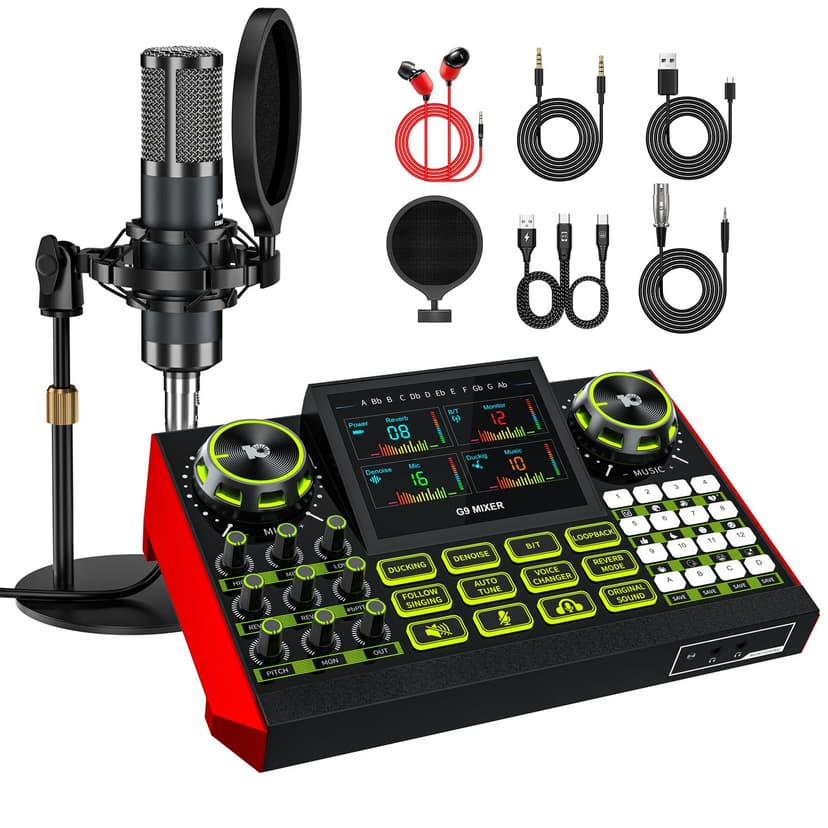 Podcast Microphone Bundle with Live Sound Card Audio Mixer, Podcast Equipment Bundle Sound Board with 3.5mm Condenser Microphone(P15) for Pc/Phone Live Streaming Singing Gaming,Voice Changer, Denoise