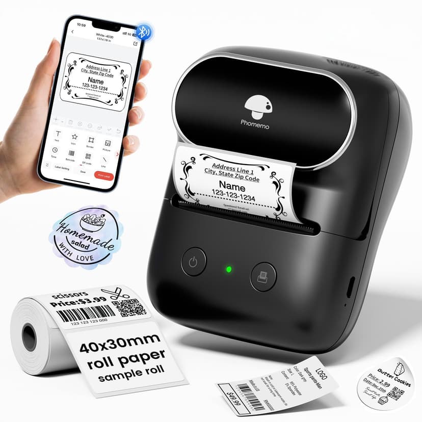 Phomemo Label Maker - M108 Address Label Makers Easy to Use for Small Business, Home, Office, School, 2 Inch Bluetooth Label Printer, Sticker Printer for Name Tags/Barcode/Logo/Clothing Label, Black