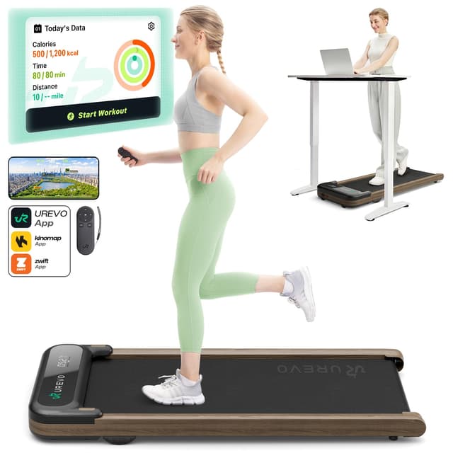 UREVO E4W Walking Pad, Wooden Treadmill Underdesk, Double Shock Absorption, Wood Grain Design, Workout APP with Track Insights, MIIT Mode, Plug and Play, Remote Control