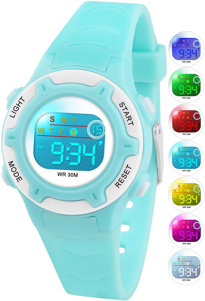 DTKID Digital Kids Watch 30 M Waterproof, 7 Color Lights Time Teaching Watch Easy to Read for Girls Boys 5-16