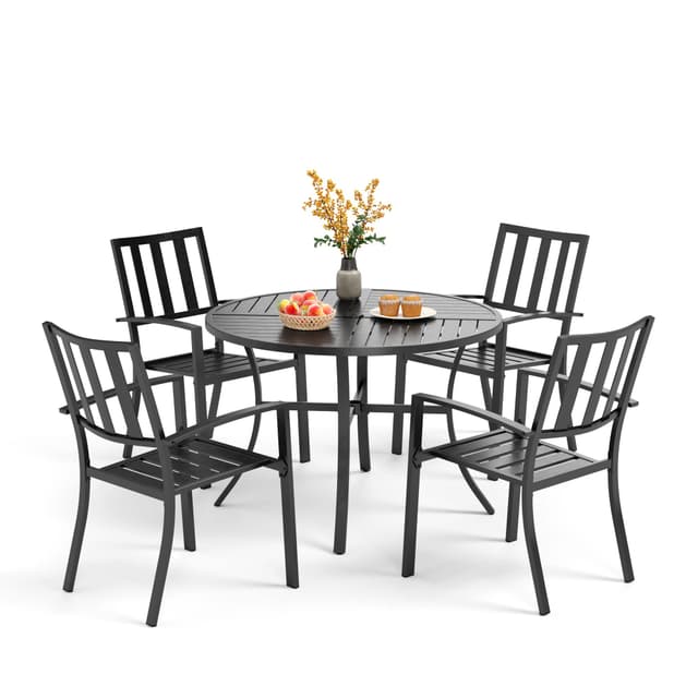PHI VILLA 5 Piece Outdoor Dining Table Set for 4, 42” Round Steel Dining Table with Umbrella Hole & 4 Black Stacking Metal Chairs for Patio, Deck, Yard, Porch