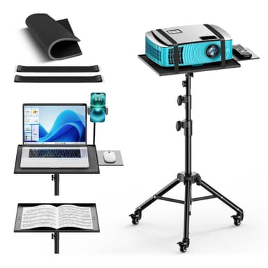 GZGDLJQ Projector Stand with Wheels, Laptop Tripod from 29" to 69" with Mouse Tray, Adjustable Height DJ Racks Stands with Gooseneck Phone Holder, for Office, Home, Stage, Studio, 1 Pack Black