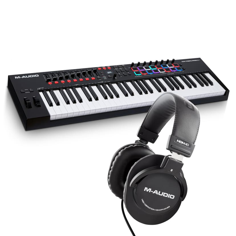 M-Audio Oxygen Pro 61 and HDH40 – 61 Key USB MIDI Keyboard Controller With Beat Pads, and Over Ear Headphones with 9 ft Cable
