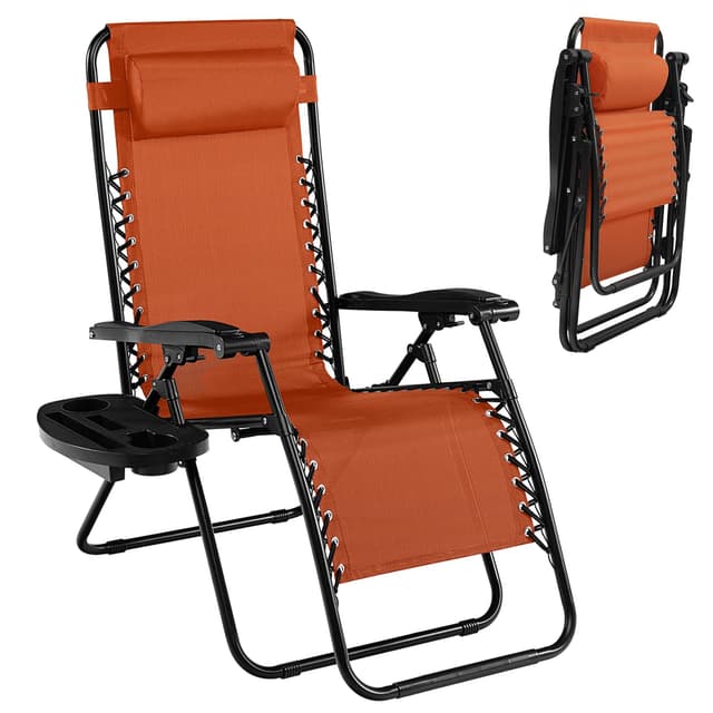 Tangkula Zero Gravity Chair, Folding Patio Lounge Chair Adjustable Outdoor Recliner with Cup Holder, Wide Armrest for Patio Garden Poolside Outdoor Yard Beach, Support 350 lbs (1, Orange)