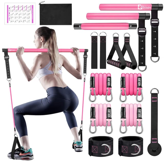 Bbtops Pilates Bar Kit with Resistance Bands(4 x Bands),3-Section Pilates Bar with Stackable Bands Workout Equipment for Legs,Hip,Waist and Arm (Pink30lbs,40lbs)