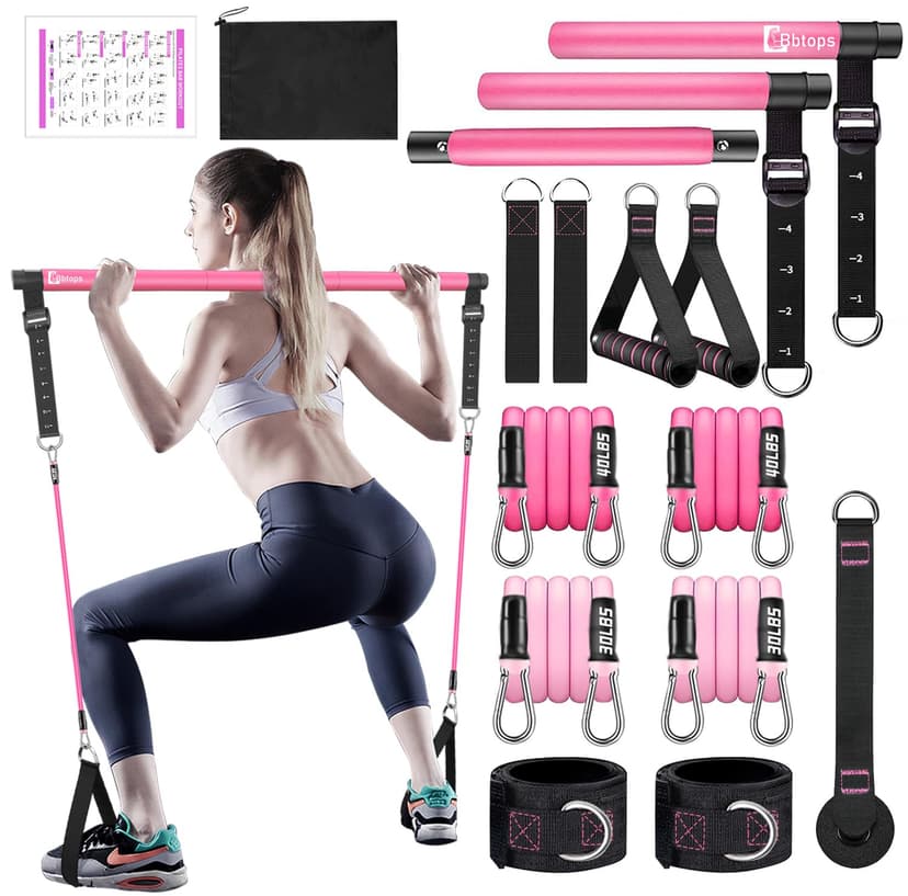 Bbtops Pilates Bar Kit with Resistance Bands(4 x Bands),3-Section Pilates Bar with Stackable Bands Workout Equipment for Legs,Hip,Waist and Arm (Pink30lbs,40lbs)