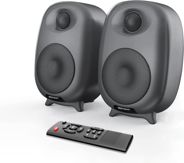 BESTISAN Bookshelf Speakers, 60 Watt Powered Studio Monitor Speaker with Bluetooth 5.0 and Wired Optical Line in Input Port, Deep Bass, 3 Audio Mode Design (Gray)