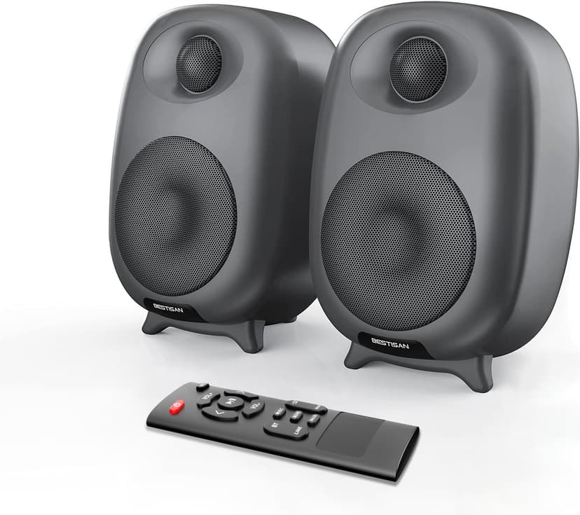 BESTISAN Bookshelf Speakers, 60 Watt Powered Studio Monitor Speaker with Bluetooth 5.0 and Wired Optical Line in Input Port, Deep Bass, 3 Audio Mode Design (Gray)