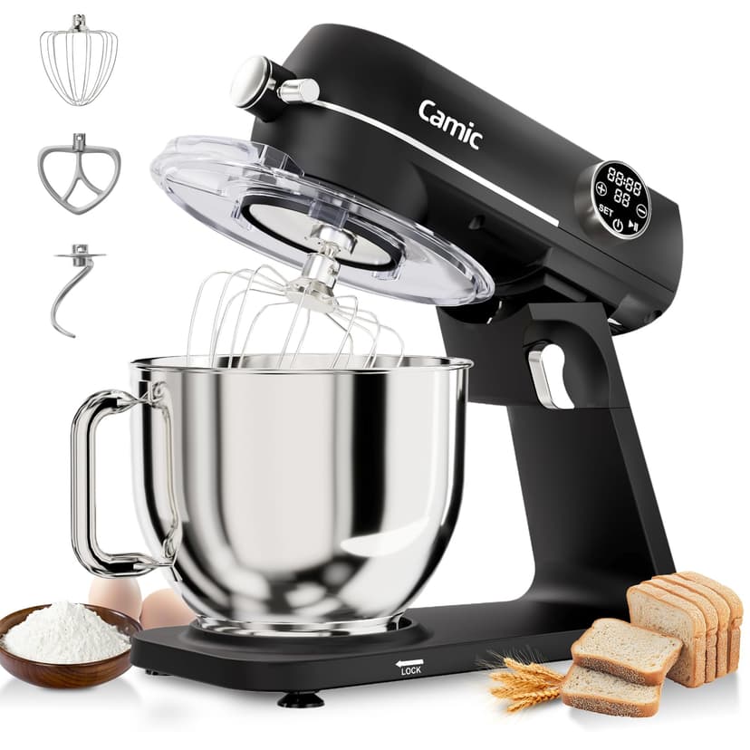 Camic 8.45 QT All Metal Stand Mixer,10 Speed Large Capacity Kitchen Mixer with Digital Timer & Tilt-Head, Electric Mixer with Whisk Dough Hook Mixing Beater for Baking,Cakes,Cookie,Bread,Salad(BLack)