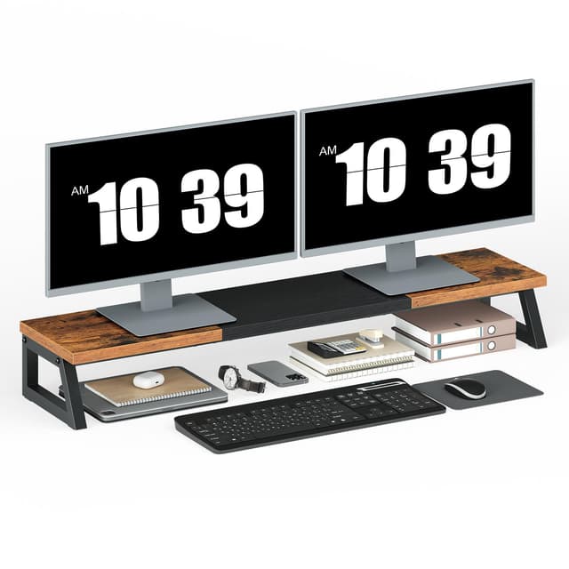 HOOBRO Dual Monitor Stand Riser, 39 Inch Large Computer Monitor Stand for 2 Monitors, Computer Monitor Riser, Desk Shelf Organizer for Office Desk, Accessories, Rustic Brown and Black BF121CJ01