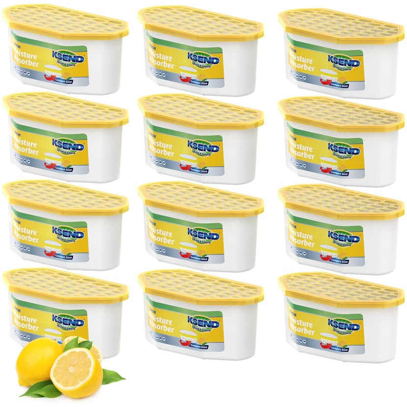 Ksend Moisture Absorbers, 12 Pack, Compact Dehumidifier for Closet, Efficient Humidity Absorber Boxes, Moisture Absorber for Closet, Odor Eliminator with Lemon Fragrance, Yellow, 6.4oz, 300ml