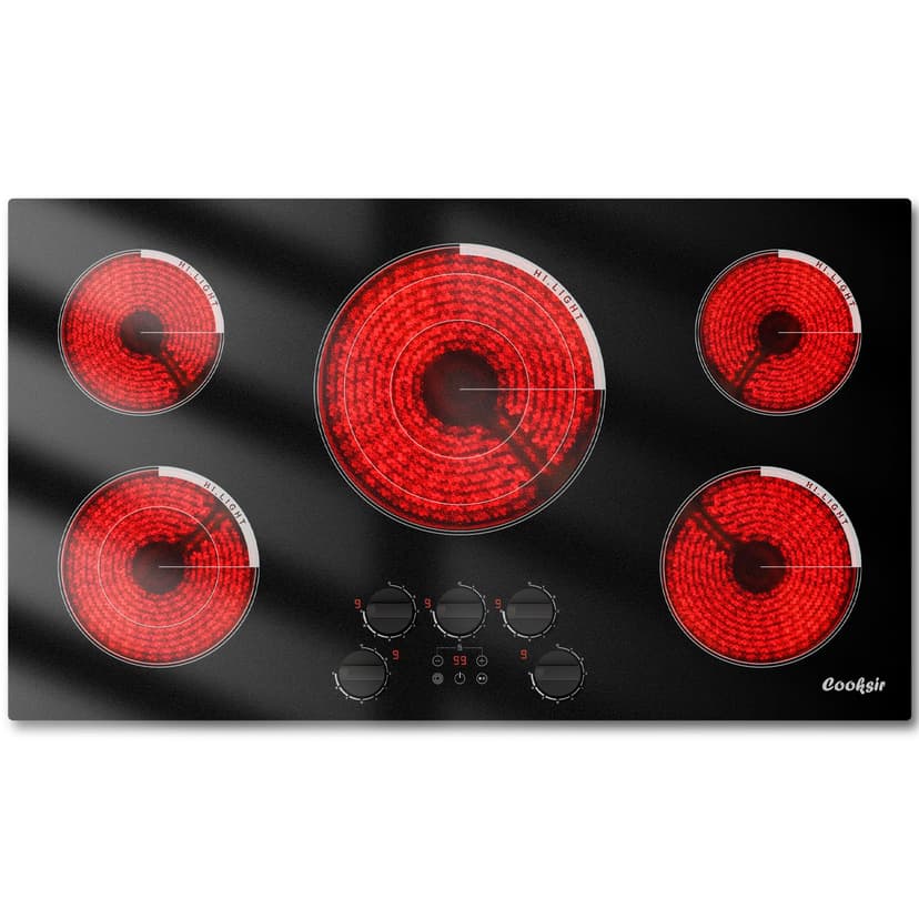 Cooksir Upgraded 36 Inch Electric Cooktop 5 Burners - Powerful 9200W Built-in(34.25"x19.3") Electrical Stove, Electric Cook Top 30 In Knob Control, 99 Minutes Timer, Safety Lock, 220-240V Hard Wired