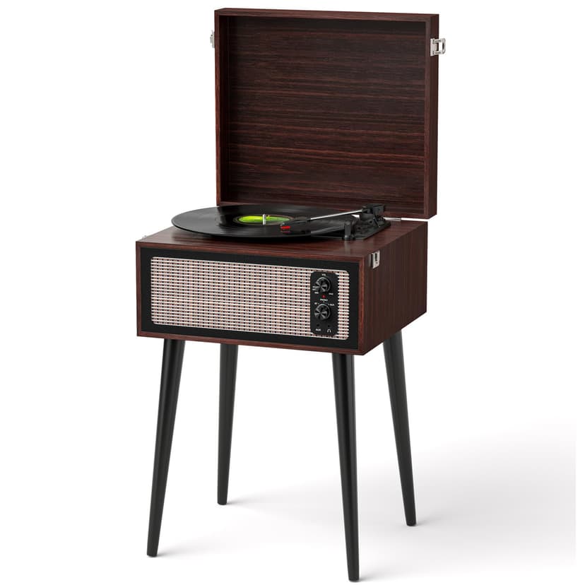 Vintage Standing Vinyl Record Player with Detachable Legs, PC Recording, 3-Speed Belt Driven Bluetooth Turntable Built-in Stereo Speakers Use as Stand or Tabletop Player, Home Decor, Espresso