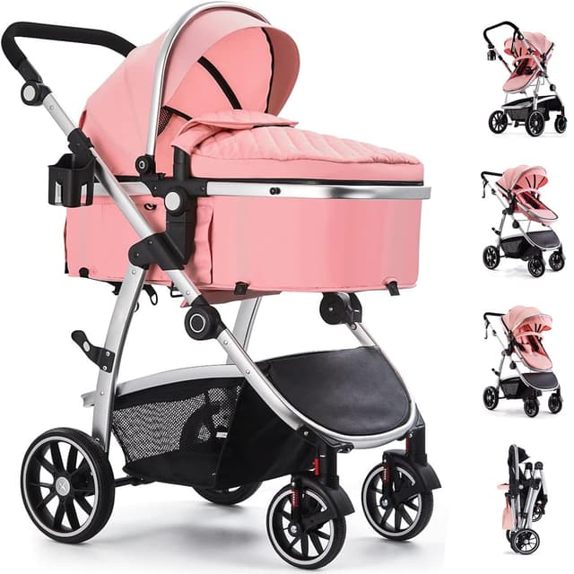 Hagaday Baby Stroller, 2-in-1 Reversible Toddler Seat with Bassinet Mode, Foldable Infant Stroller with Canopy, One Button Brake, Adjustable Handle, Newborn Pushchair(Pink)