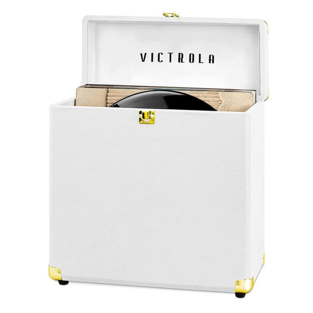 Victrola Collector – Record Storage Case – Holds 30+ Vinyl Turntable Records, Heavy-Duty Hardware, Hinges, & Smart Metal Corners, Portable with Easy-Carry Handle (White)