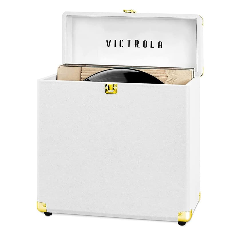 Victrola Collector – Record Storage Case – Holds 30+ Vinyl Turntable Records, Heavy-Duty Hardware, Hinges, & Smart Metal Corners, Portable with Easy-Carry Handle (White)