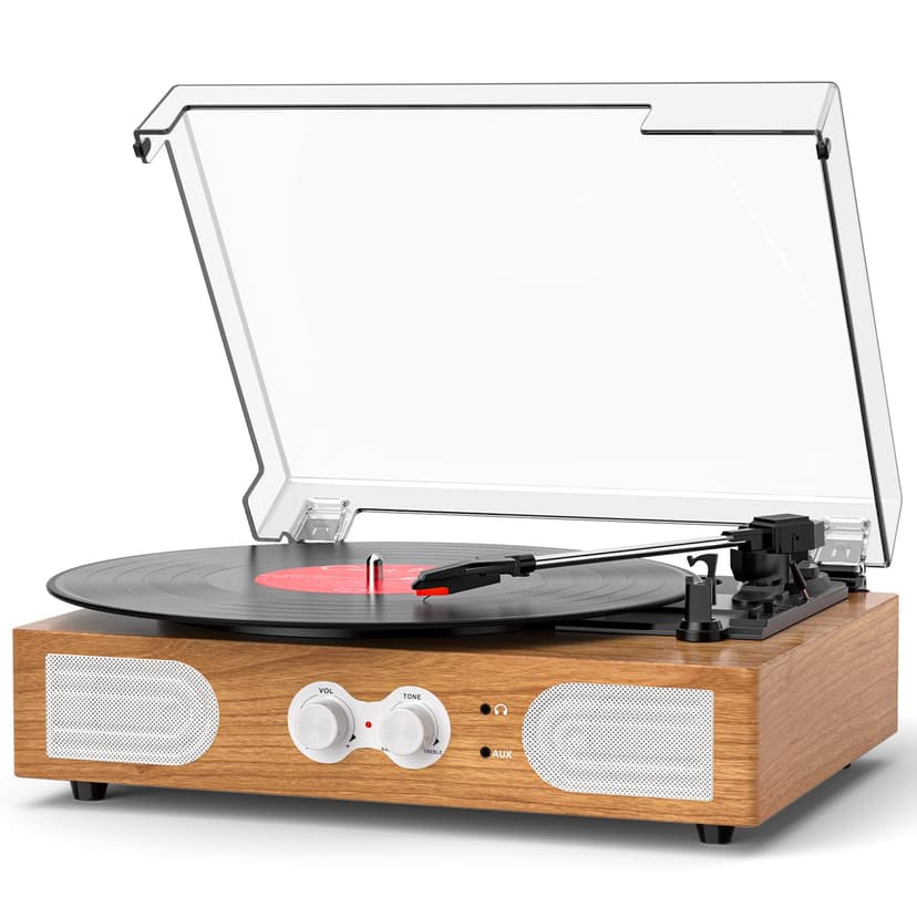 Vinyl Record Player with Built-in Speakers 3-Speed Vintage Record Player Support Treble& Bass Control, 3.5mm Headphone Jack, RCA-Out/Aux in, Belt-Driven LP Turntable,Natural Wood