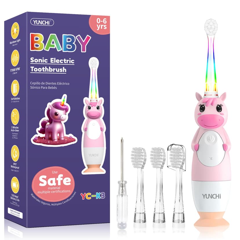 YUNCHI Toddler Electric Toothbrush Kids 0-3-6 Years, Baby Electric Toothbrush with Colorful LED Light, Battery Powered Toddler Toothbrush with 2 Minutes Timer 4 Brush Heads, Infant Toothbrush (Pink)