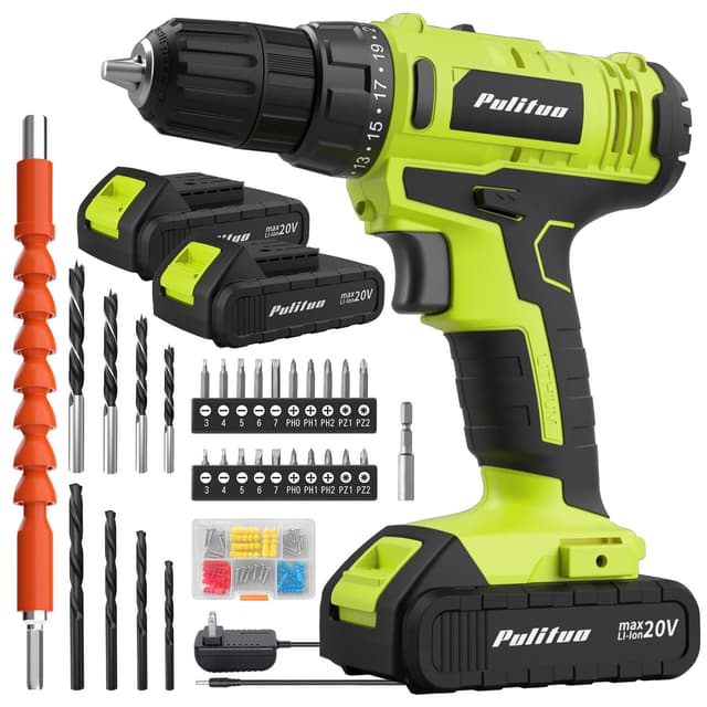 PULITUO'S 20V Cordless Drill/Driver, Electric Screwdriver - 2 Batteries, 30Nm, 21+1 Torque, 2 Speed, Keyless 3/8" Chase Drill with LED Light, Kit for Home (Green)