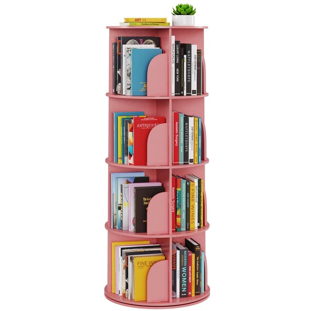 SpaceAid 4 Tier Rotating Bookshelf Tower, Spinning Bookcase Lazy Susan, Revolving 360 Book Shelf Storage Round Carousel, Vertical Rotate Turning Spiral Corner Organizer, Pink