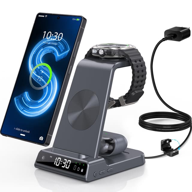 Wireless Charger for Samsung Charging Station with Clock for Samsung Galaxy S25 Ultra/S24/Z Fold 7/Flip 7/6/Bud, 3 in 1 Android Charging Station, Watch Charger for Samsung Galaxy Watch 8/7/6/5 (Grey)