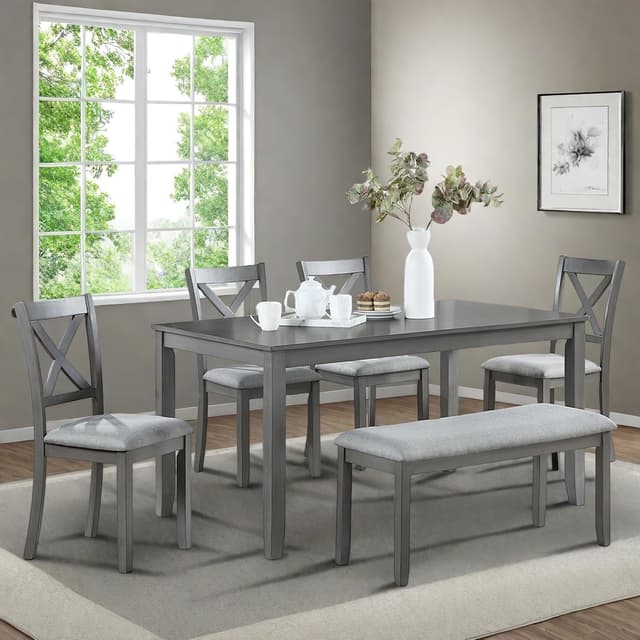 Trygoal 6-Piece Dining Table Set for 4-6 People, Kitchen Set with 4 Upholstered Chairs and One Bench, Living Room Chairs with X-Shape Backrest, Rectangular Wooden Table for Home Bar and Kitchen, Gray