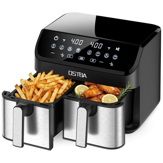 OSTBA 9.5QT Double Air Fryer, 1700W Dual Air Fryer with 2 Independent 4.25QT Stainless Steel Baskets, Digital Touchscreen, Sync Finish, 8 Presets, Auto Shutoff, Nonstick Dishwasher Safe
