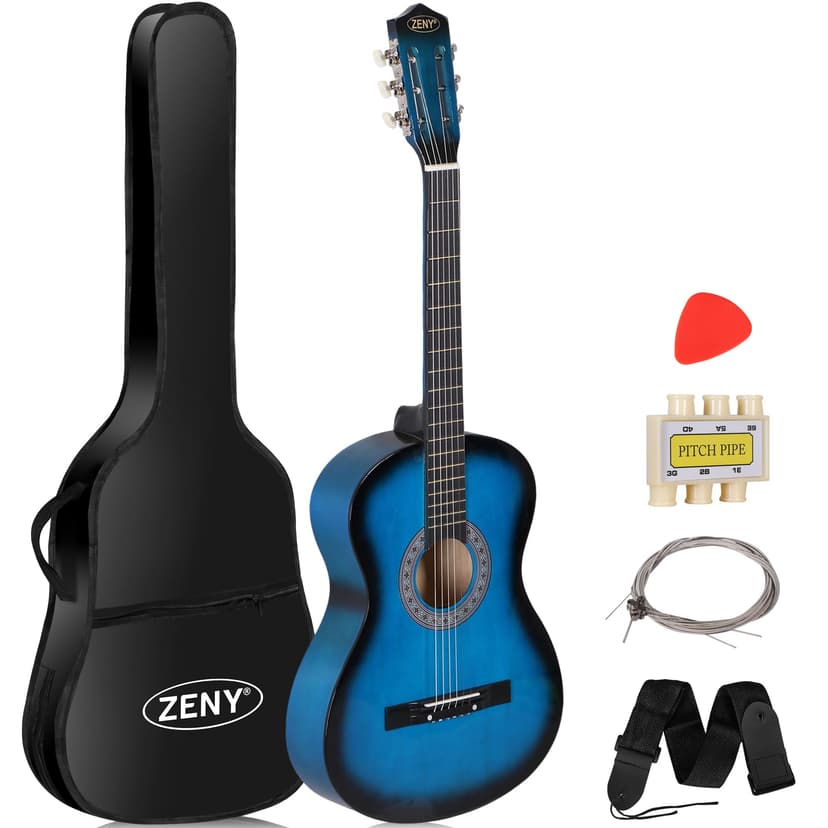 ZENY 38 inch Acoustic Guitar Full Size Beginners Package Kit for Right-handed Starters Kids Music Lovers w/Case, Strap, Pitch Pipe and Pick (Blue)