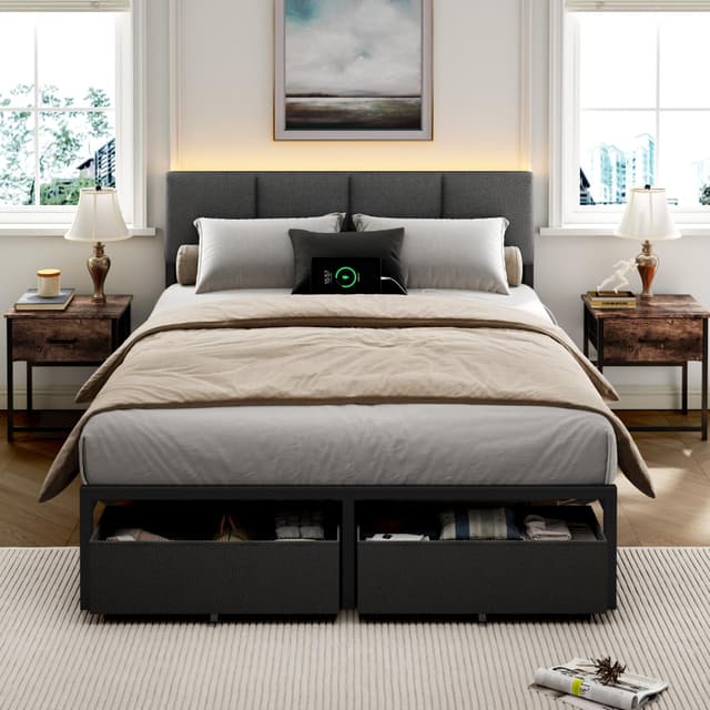 Furnulem Full Size Bed Frame with Headboard, Upholstered Full Bed Frame with LED Light, USB Charging Station, Platform Bedframe with 2 Fabric Underbed Storage Drawers, No Spring Box Needed