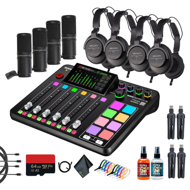 RODE RODECaster Pro II + 4x Headphones + 4x Podcast Microphone + 64GB Micro SD Memory Card + 2x USB- C + More (Bundle)