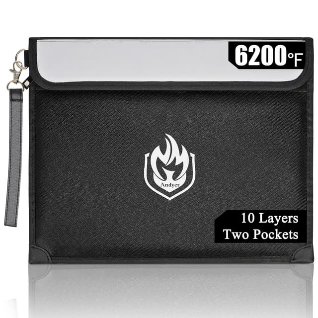 2 Pockets Fireproof Document Bag 6200°F, 10 Layers Waterproof Fireproof Money Bag for Cash with Reflective Strip, Heat Insulated Waterproof Document Holder Pouch, Fire Safe Storage (Black)