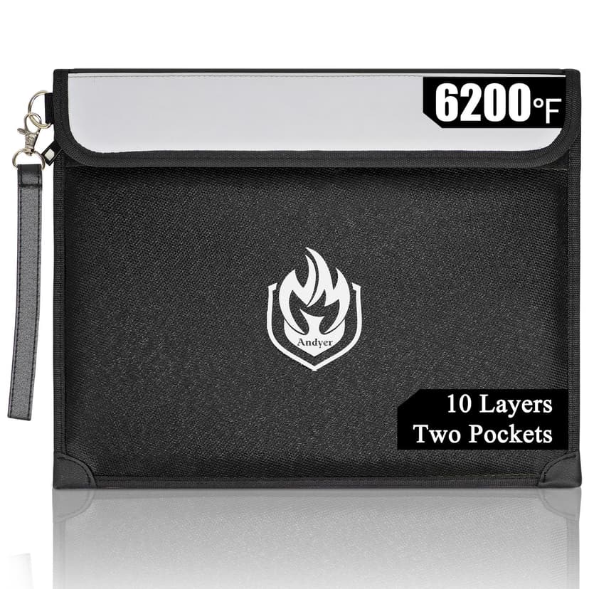 2 Pockets Fireproof Document Bag 6200°F, 10 Layers Waterproof Fireproof Money Bag for Cash with Reflective Strip, Heat Insulated Waterproof Document Holder Pouch, Fire Safe Storage (Black)