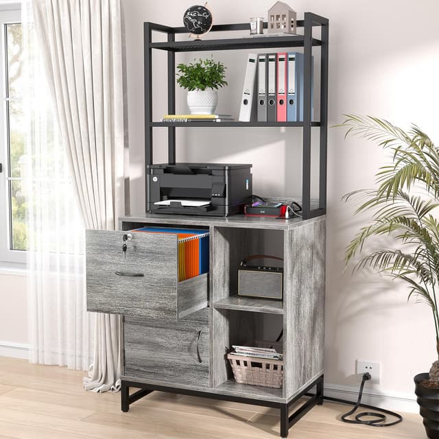 Homieasy Vertical Filing Cabinet with Bookshelf for Home Office, File Cabinet with Shelves, Lock & Charging Station, Drawer Office File Cabinets with Printer Stand, fits Letter Size, Light Oak