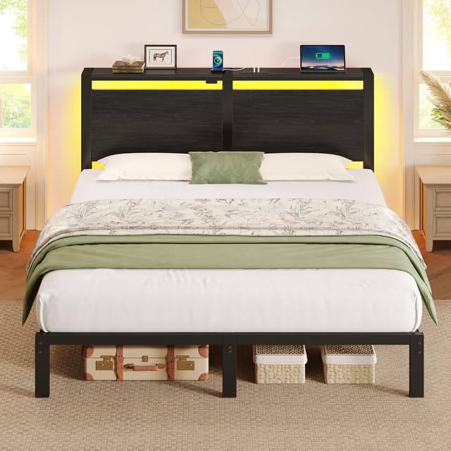 Rolanstar Full Size Bed Frame with Charging Station, LED Full Bed Frame with Wood Storage Headboard, Platform Bed with Metal Slats & Under Bed Storage, No Box Spring Needed, Noise Free, Black Oak