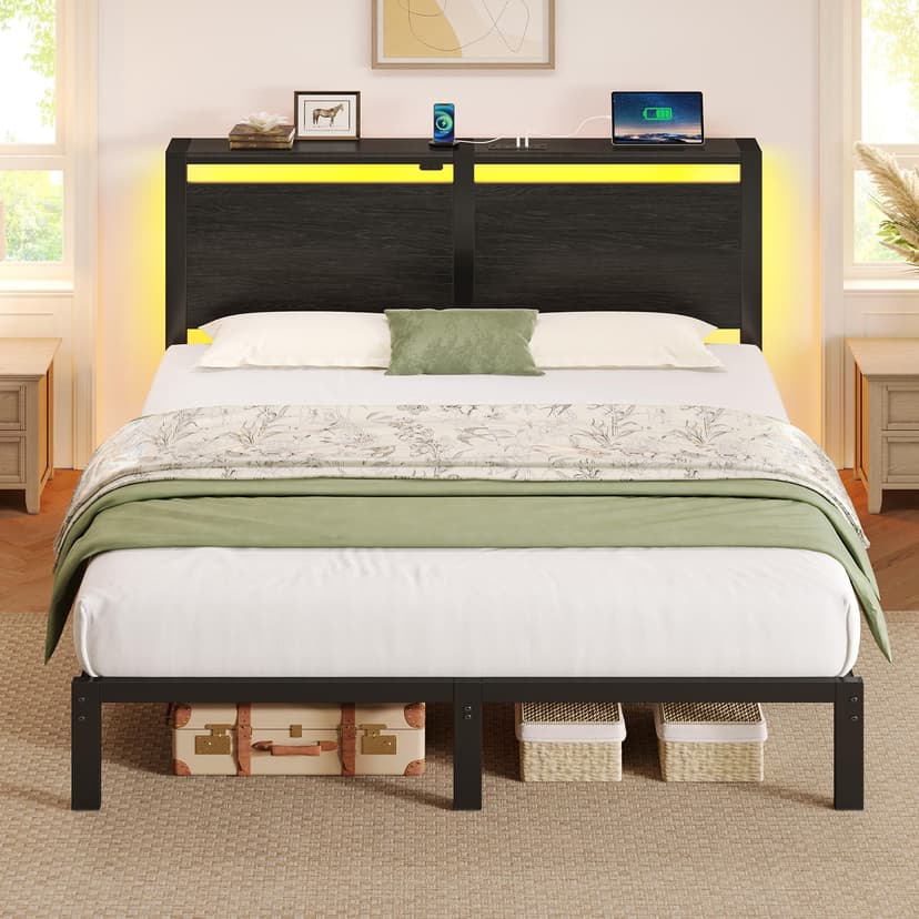 Rolanstar Full Size Bed Frame with Charging Station, LED Full Bed Frame with Wood Storage Headboard, Platform Bed with Metal Slats & Under Bed Storage, No Box Spring Needed, Noise Free, Black Oak